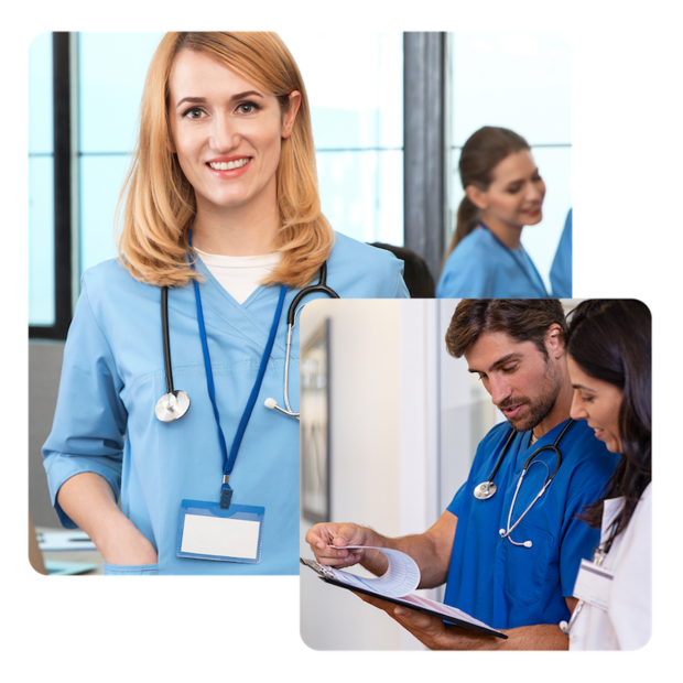 Ein Bild zeigt eine Medizinstudentin und ein Bild zeigt ein Team von Ärzten arbeitet gemeinsam an Patientenakten im Krankenhaus.