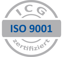 Bild zeigt das Logo zur ISO 9001-Zertifizierung. International anerkanntes Qualitätsmanagementsystem