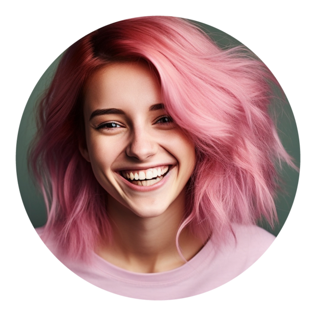 Junge lachende Frau mit pastellrosa Haaren, herausgestreckter Zunge, blauen Augen und einem lustigen Gesichtsausdruck.