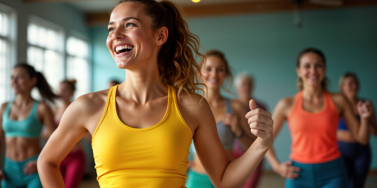 Gruppe von Frauen im Fitnesskurs. Aktiv tanzen, lächeln. Positive Stimmung im Fitnessstudio. Energiegeladenes, unterhaltsames, gesundes Training. Attraktive Frauen in Sportbekleidung.
